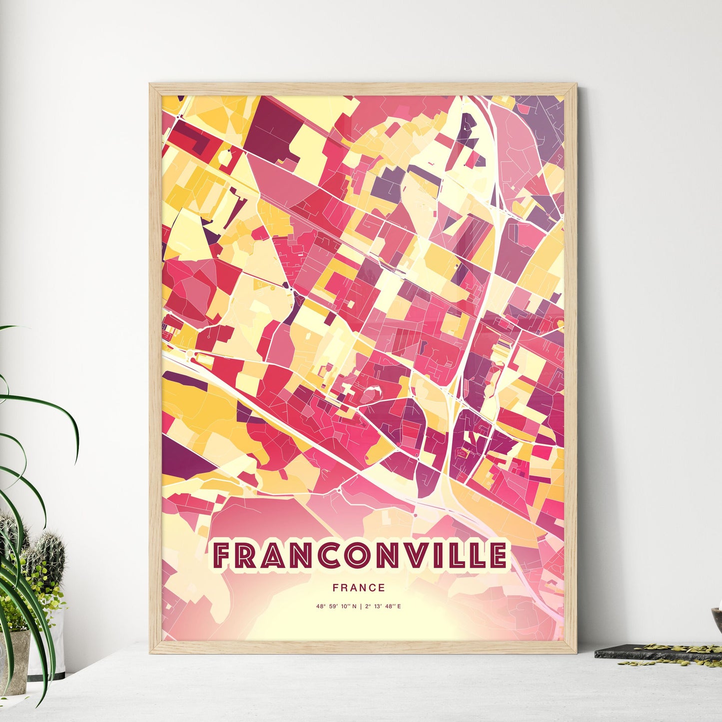 Colorful FRANCONVILLE FRANCE Fine Art Map Hot Red