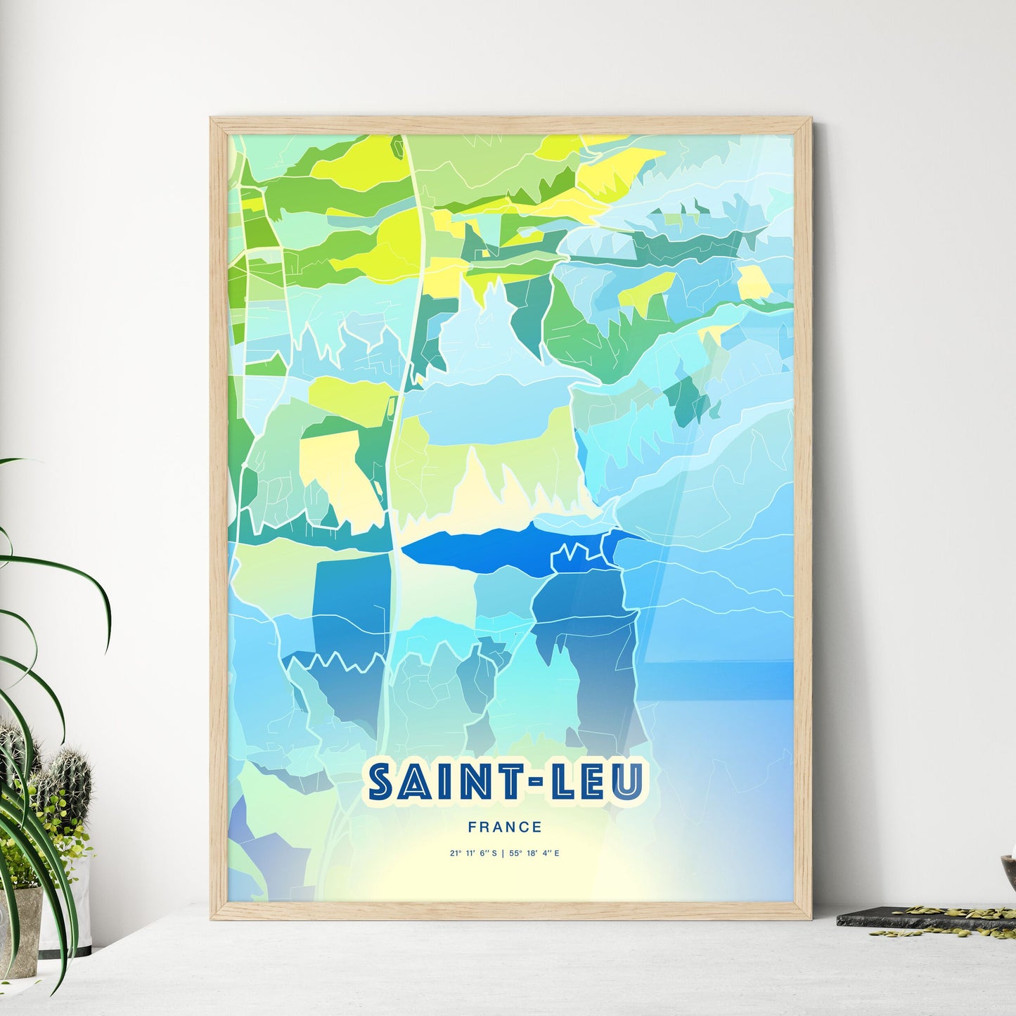 Colorful SAINT-LEU FRANCE Fine Art Map Cool Blue