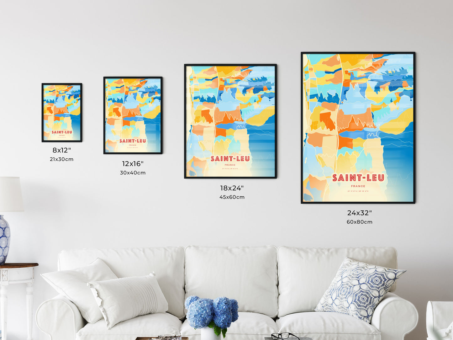 Colorful SAINT-LEU FRANCE Fine Art Map Blue Orange