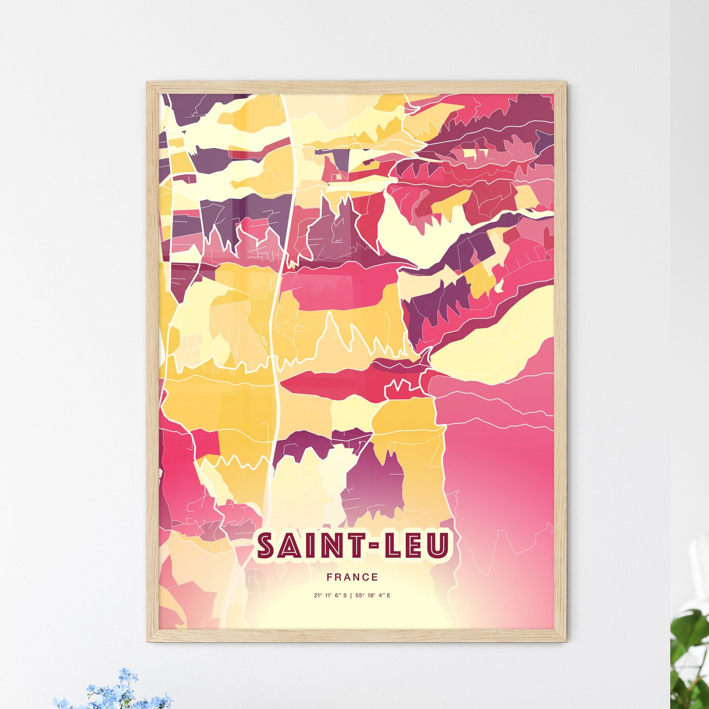 Colorful SAINT-LEU FRANCE Fine Art Map Hot Red