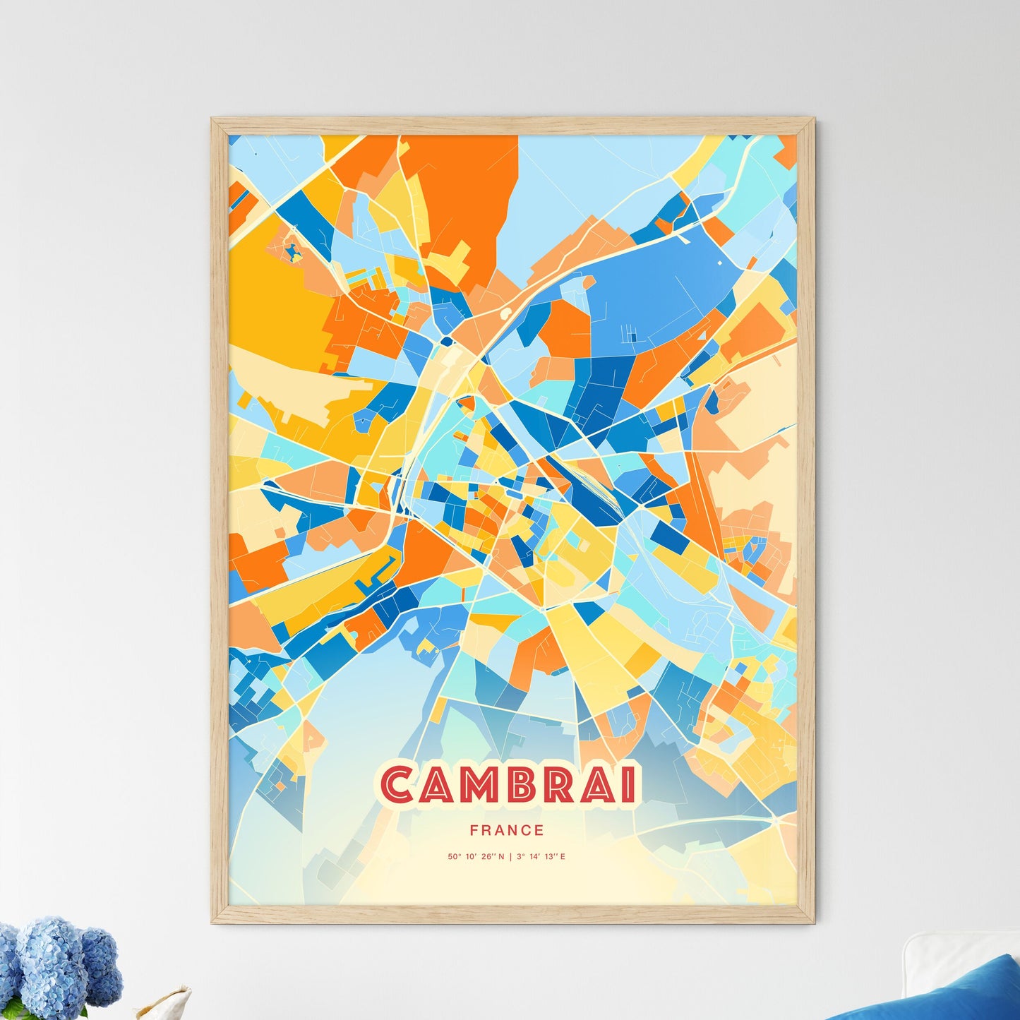 Colorful CAMBRAI FRANCE Fine Art Map Blue Orange