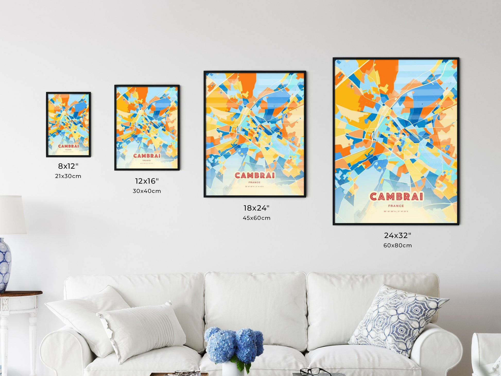 Colorful CAMBRAI FRANCE Fine Art Map Blue Orange