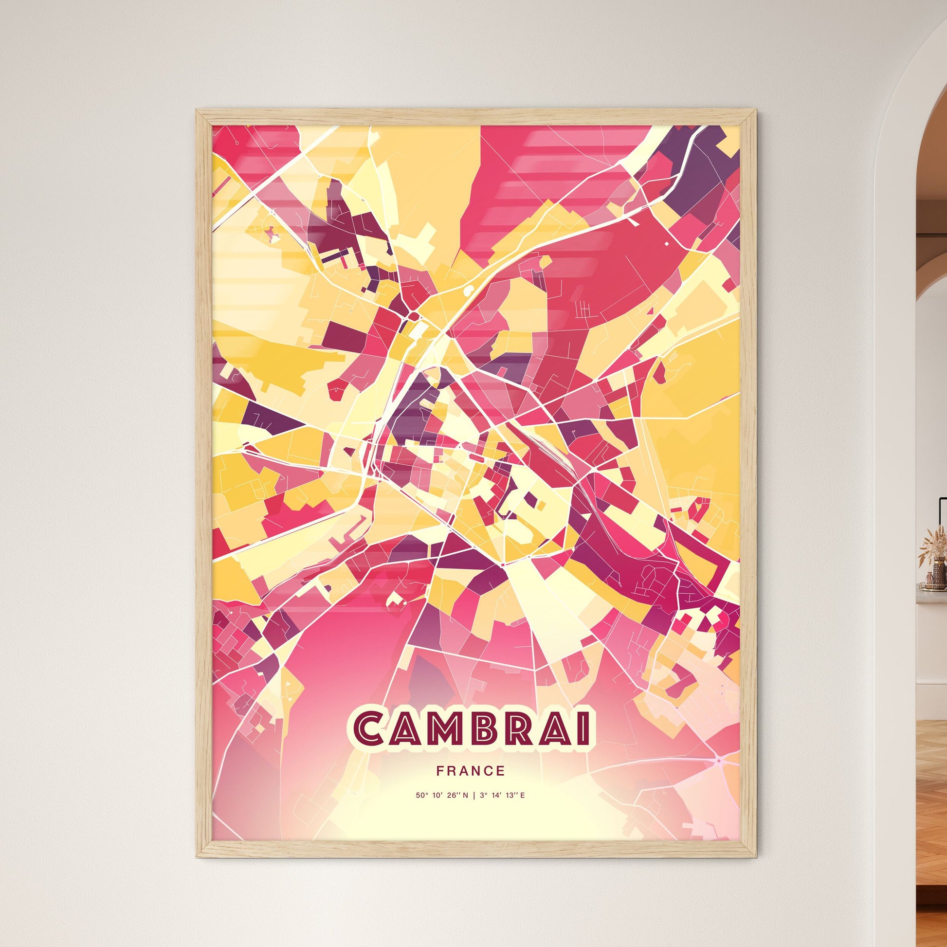 Colorful CAMBRAI FRANCE Fine Art Map Hot Red