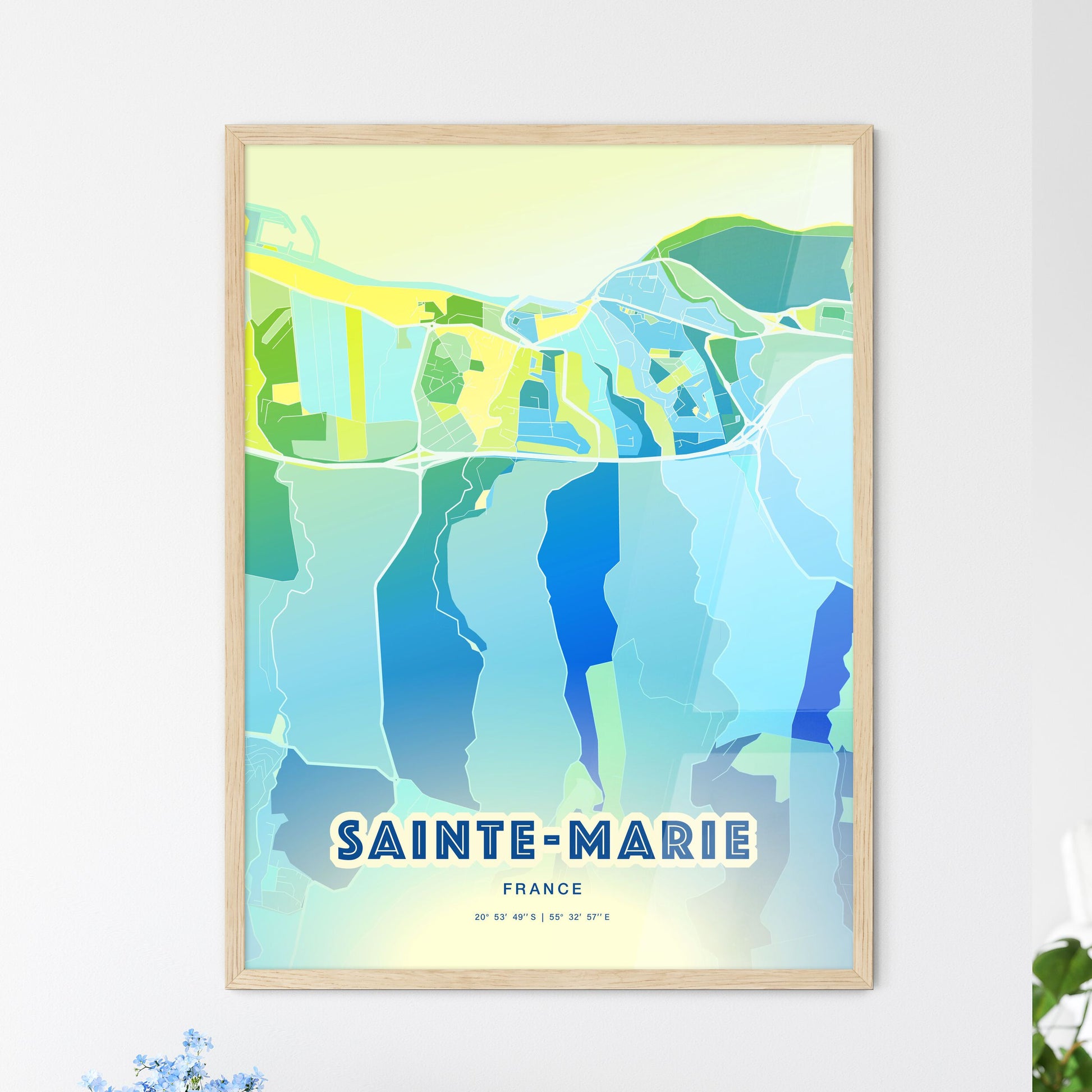 Colorful SAINTE-MARIE FRANCE Fine Art Map Cool Blue