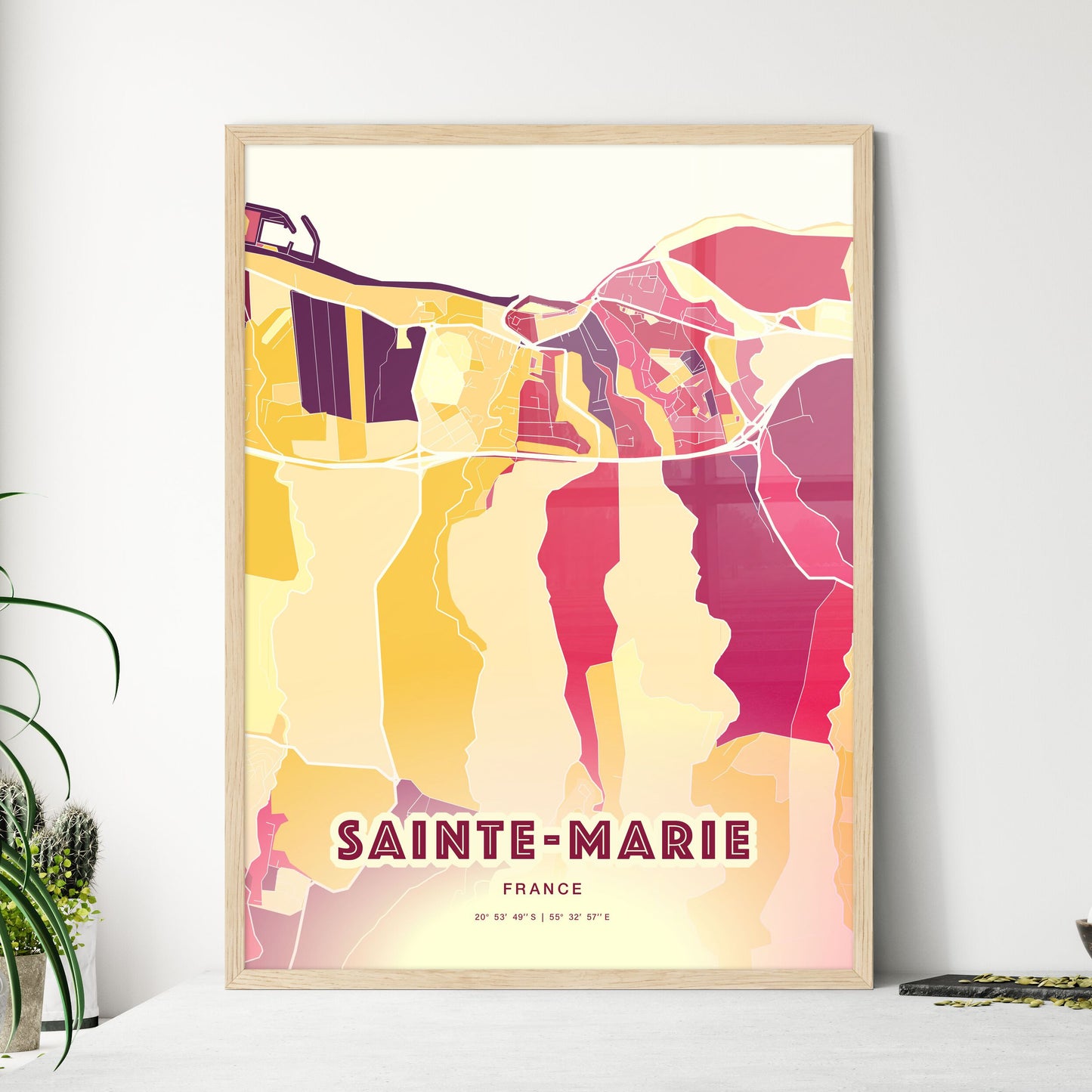 Colorful SAINTE-MARIE FRANCE Fine Art Map Hot Red