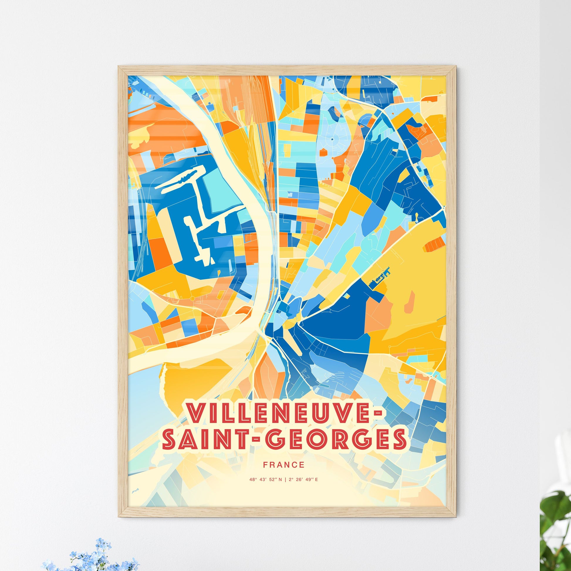 Colorful VILLENEUVE-SAINT-GEORGES FRANCE Fine Art Map Blue Orange