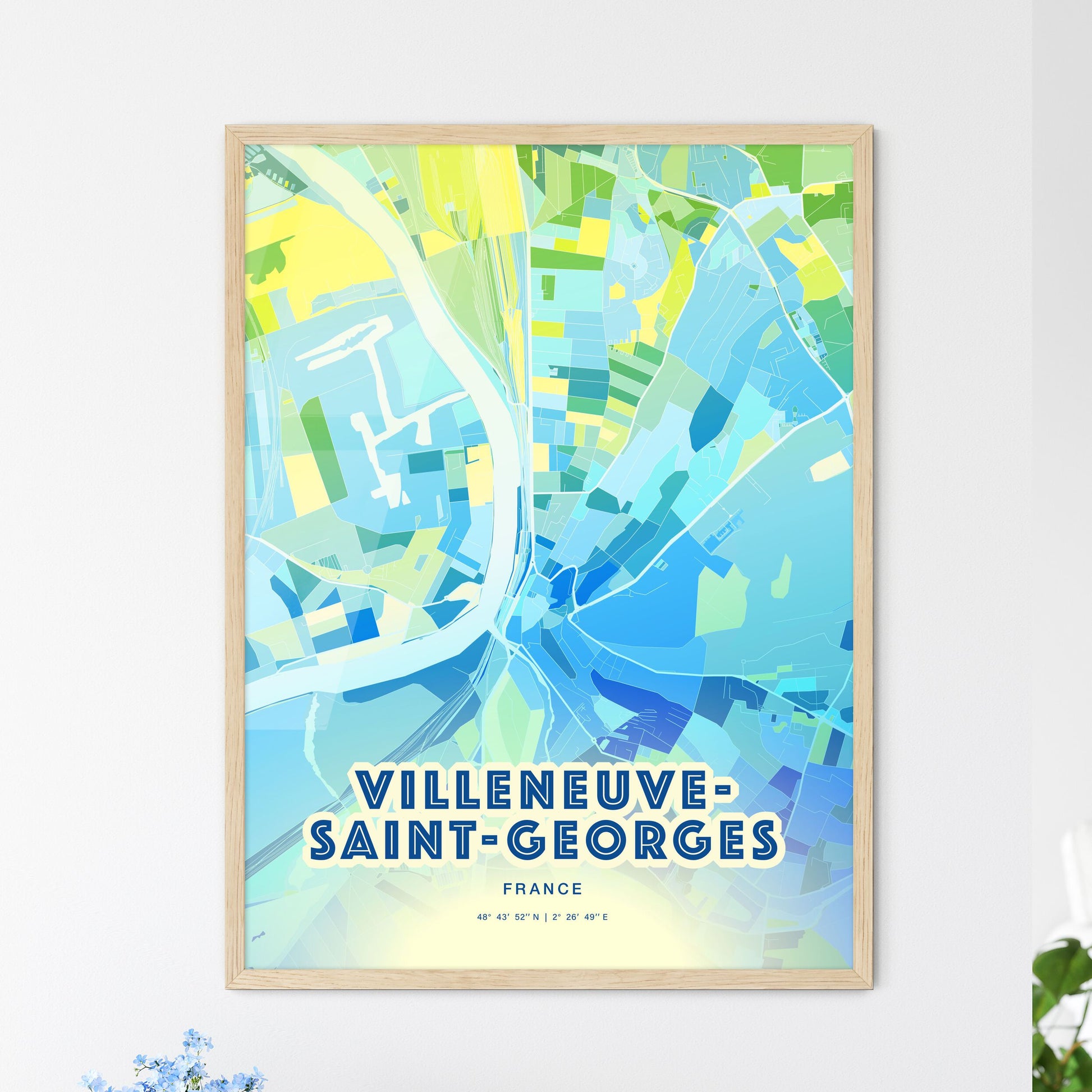 Colorful VILLENEUVE-SAINT-GEORGES FRANCE Fine Art Map Cool Blue