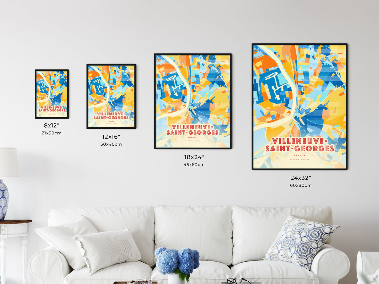 Colorful VILLENEUVE-SAINT-GEORGES FRANCE Fine Art Map Blue Orange