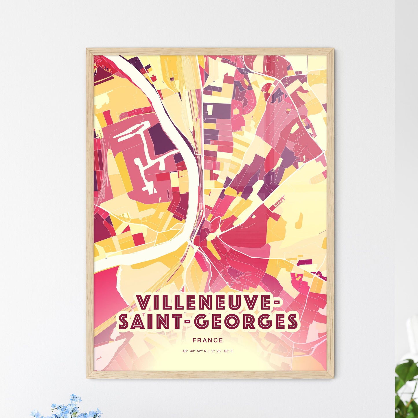 Colorful VILLENEUVE-SAINT-GEORGES FRANCE Fine Art Map Hot Red