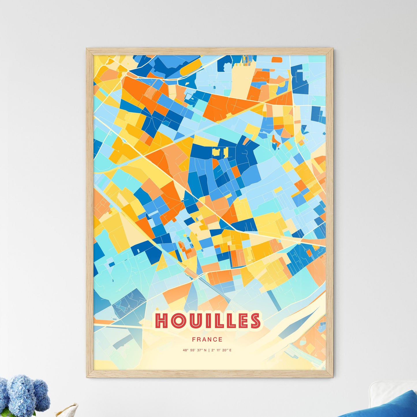 Colorful HOUILLES FRANCE Fine Art Map Blue Orange