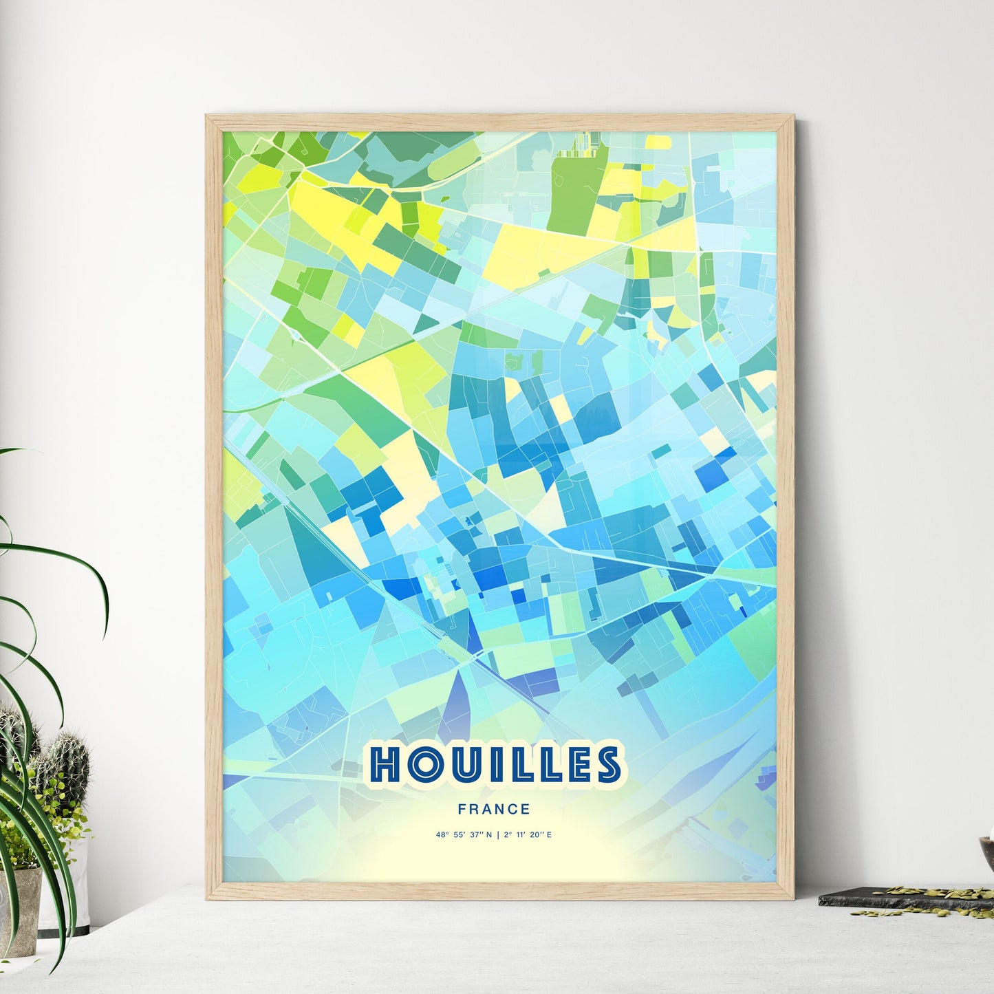 Colorful HOUILLES FRANCE Fine Art Map Cool Blue