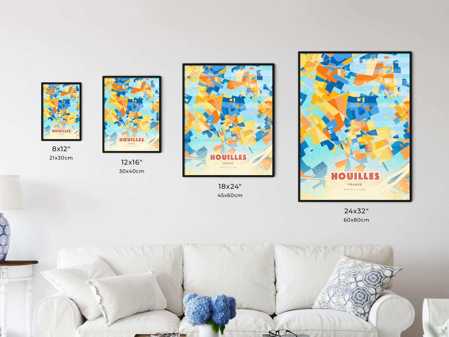 Colorful HOUILLES FRANCE Fine Art Map Blue Orange