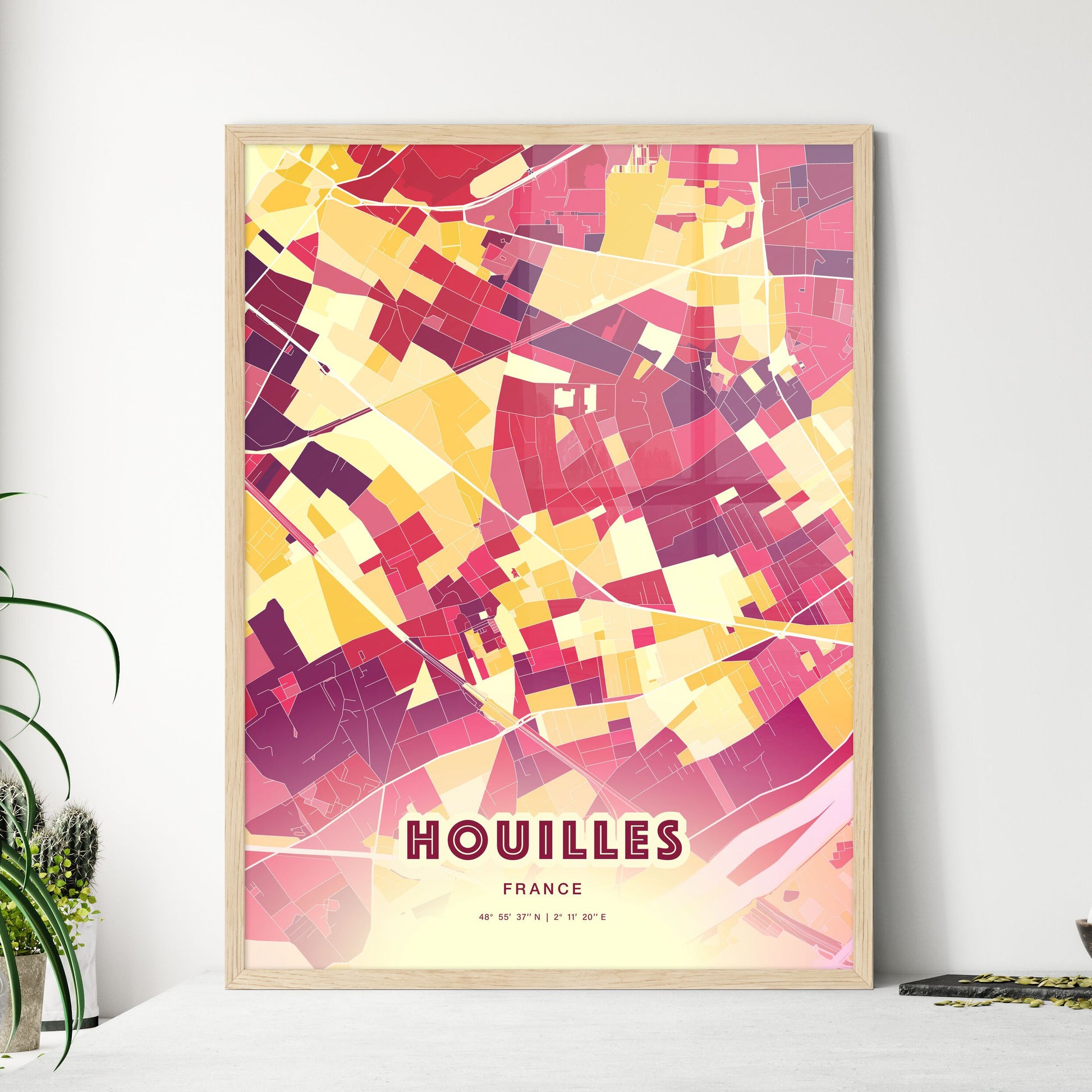 Colorful HOUILLES FRANCE Fine Art Map Hot Red