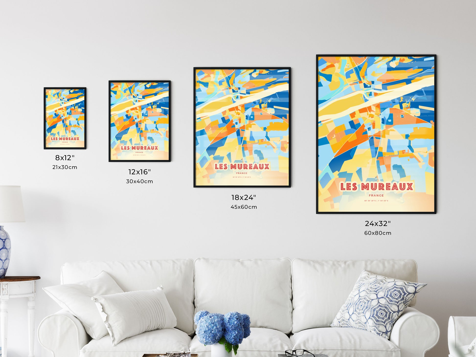 Colorful LES MUREAUX FRANCE Fine Art Map Blue Orange