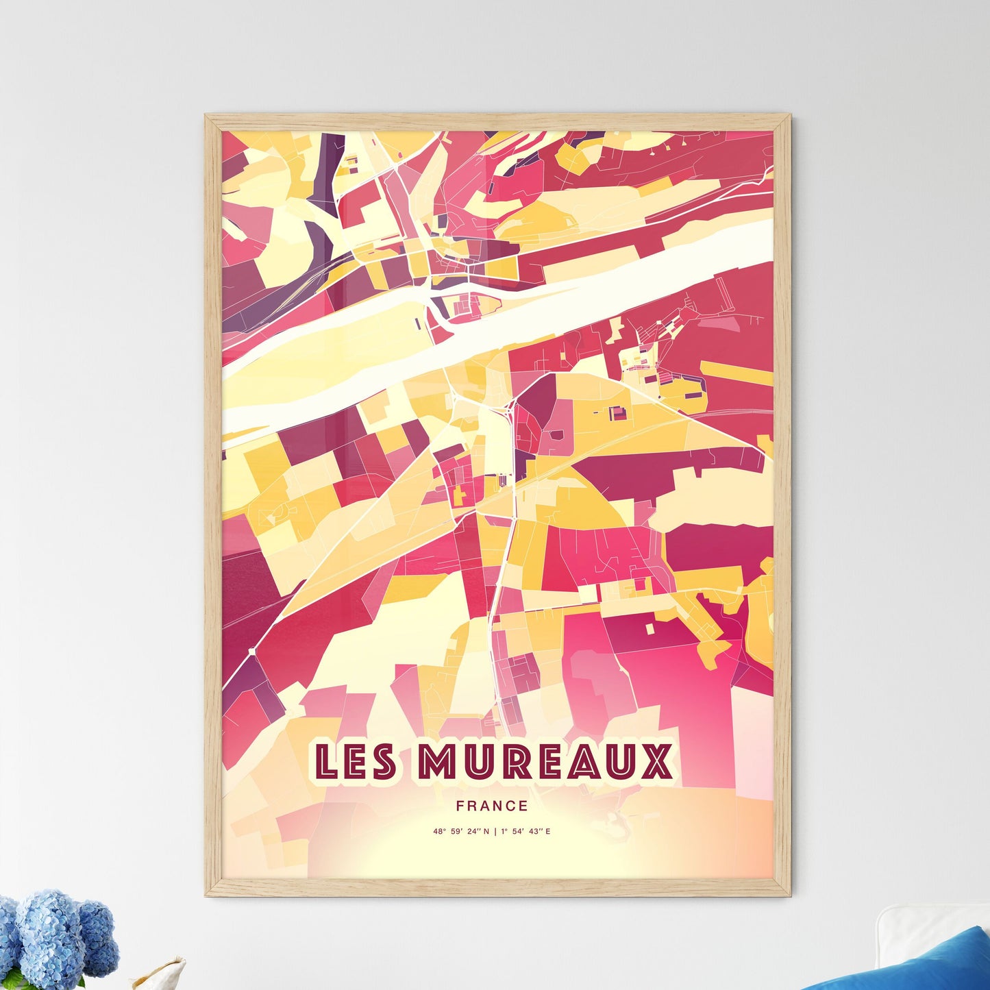 Colorful LES MUREAUX FRANCE Fine Art Map Hot Red