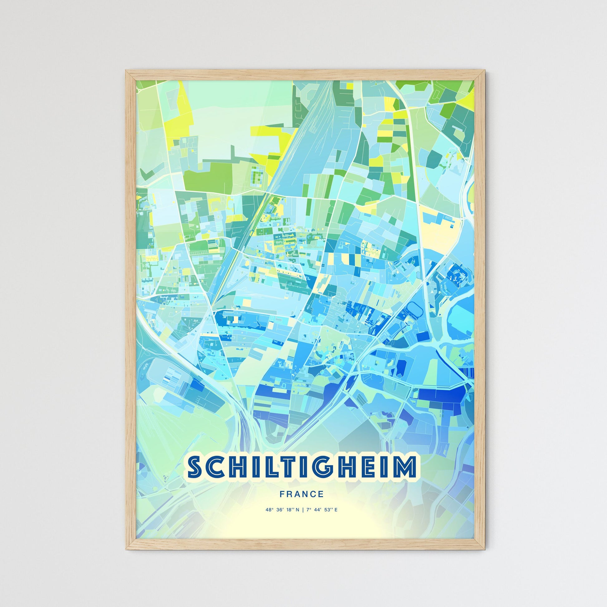 Colorful SCHILTIGHEIM FRANCE Fine Art Map Cool Blue