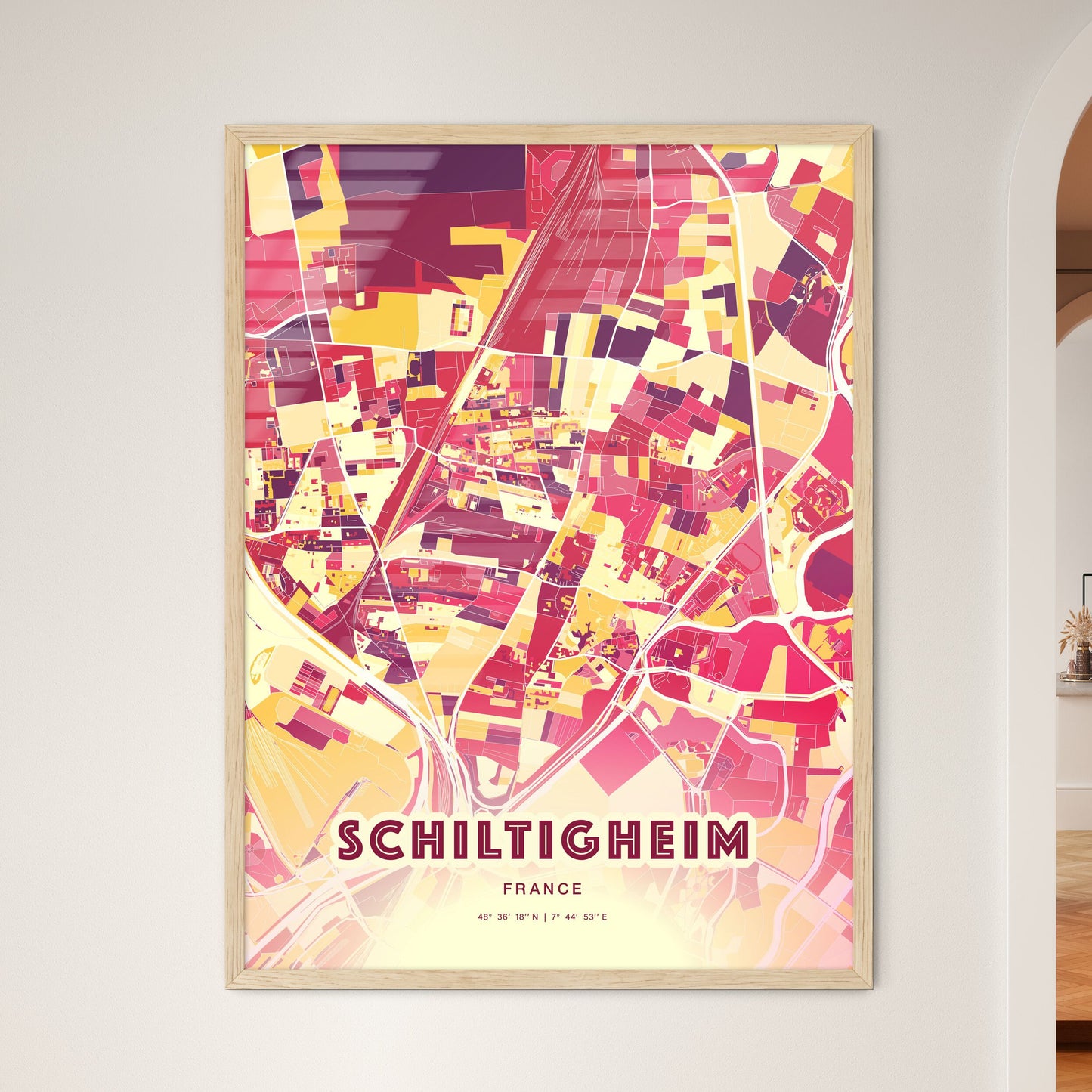 Colorful SCHILTIGHEIM FRANCE Fine Art Map Hot Red