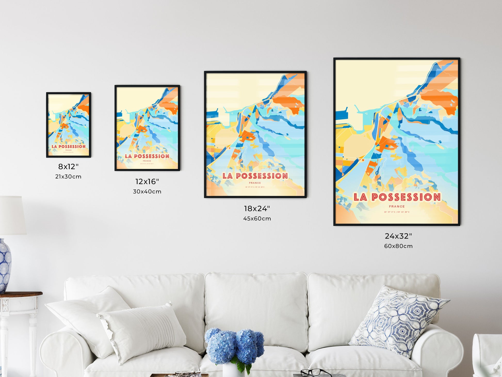 Colorful LA POSSESSION FRANCE Fine Art Map Blue Orange