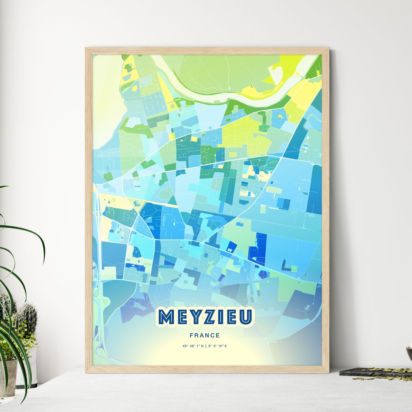 Colorful MEYZIEU FRANCE Fine Art Map Cool Blue