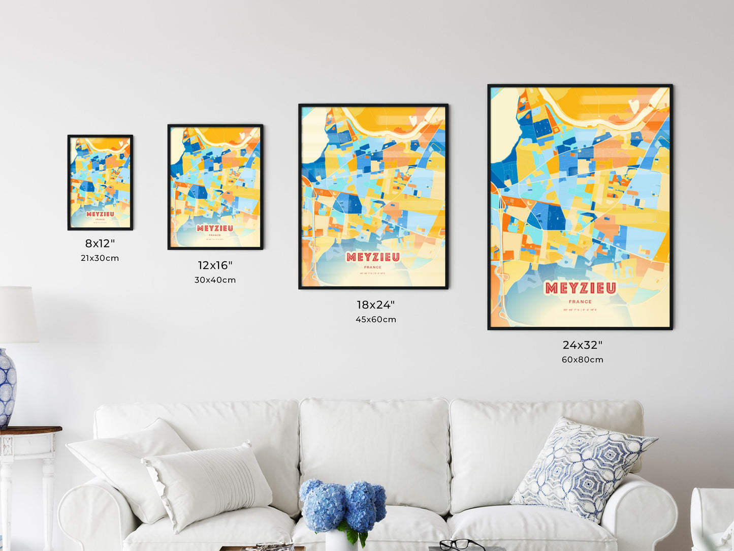 Colorful MEYZIEU FRANCE Fine Art Map Blue Orange