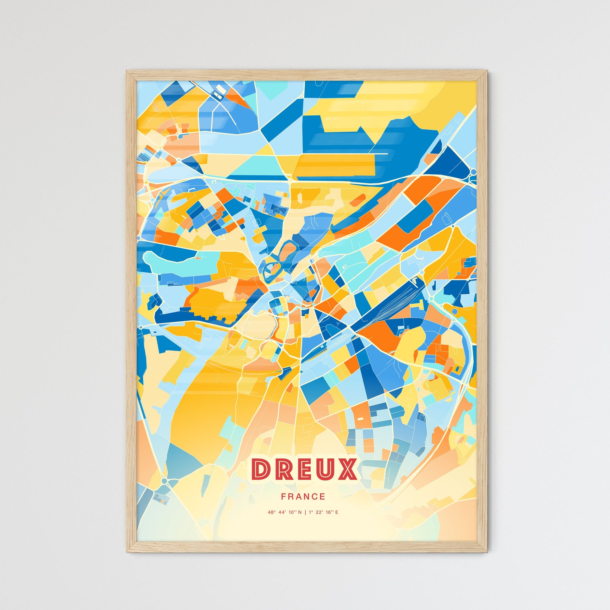 Colorful DREUX FRANCE Fine Art Map Blue Orange