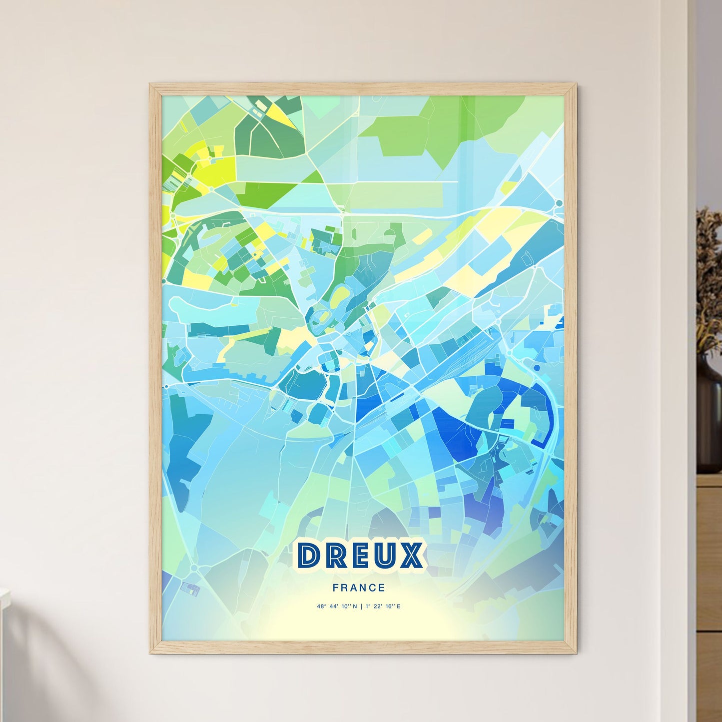 Colorful DREUX FRANCE Fine Art Map Cool Blue