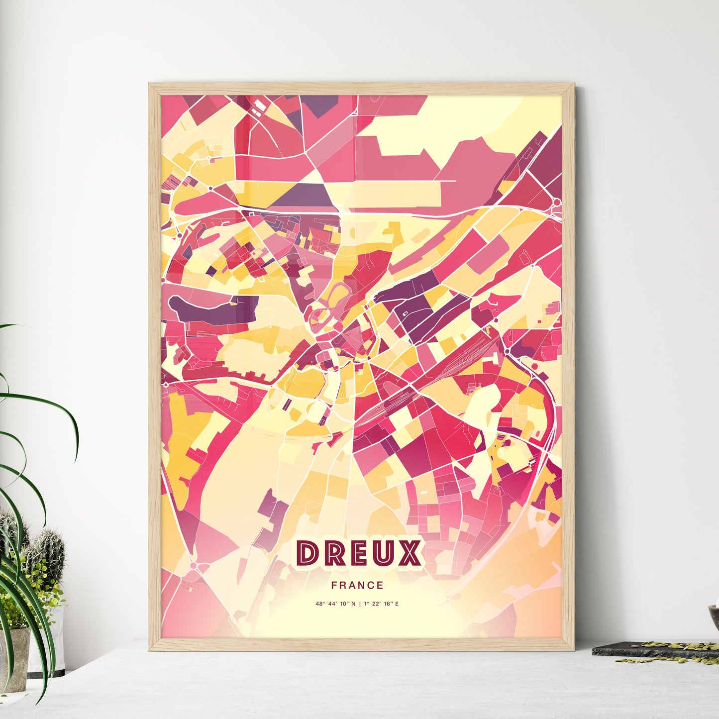 Colorful DREUX FRANCE Fine Art Map Hot Red