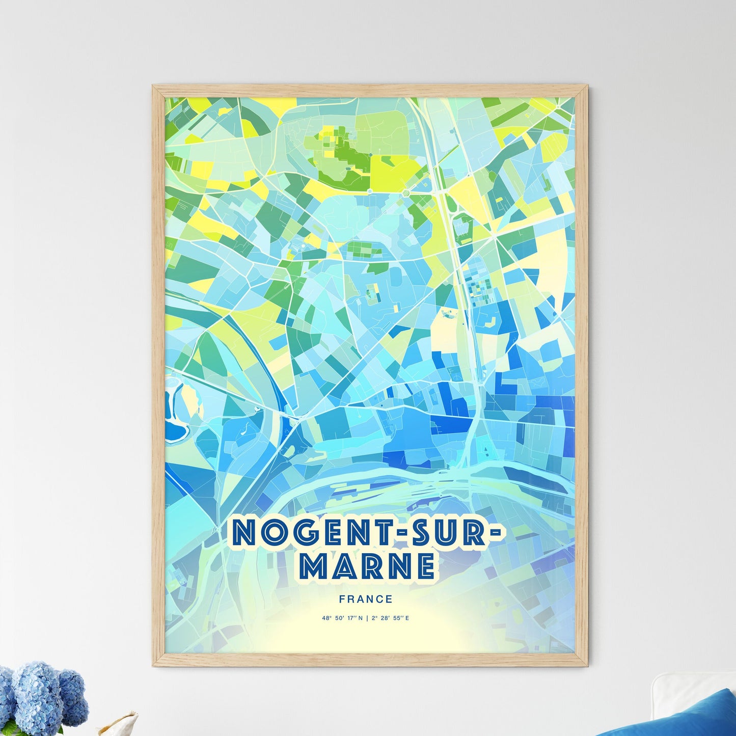 Colorful NOGENT-SUR-MARNE FRANCE Fine Art Map Cool Blue