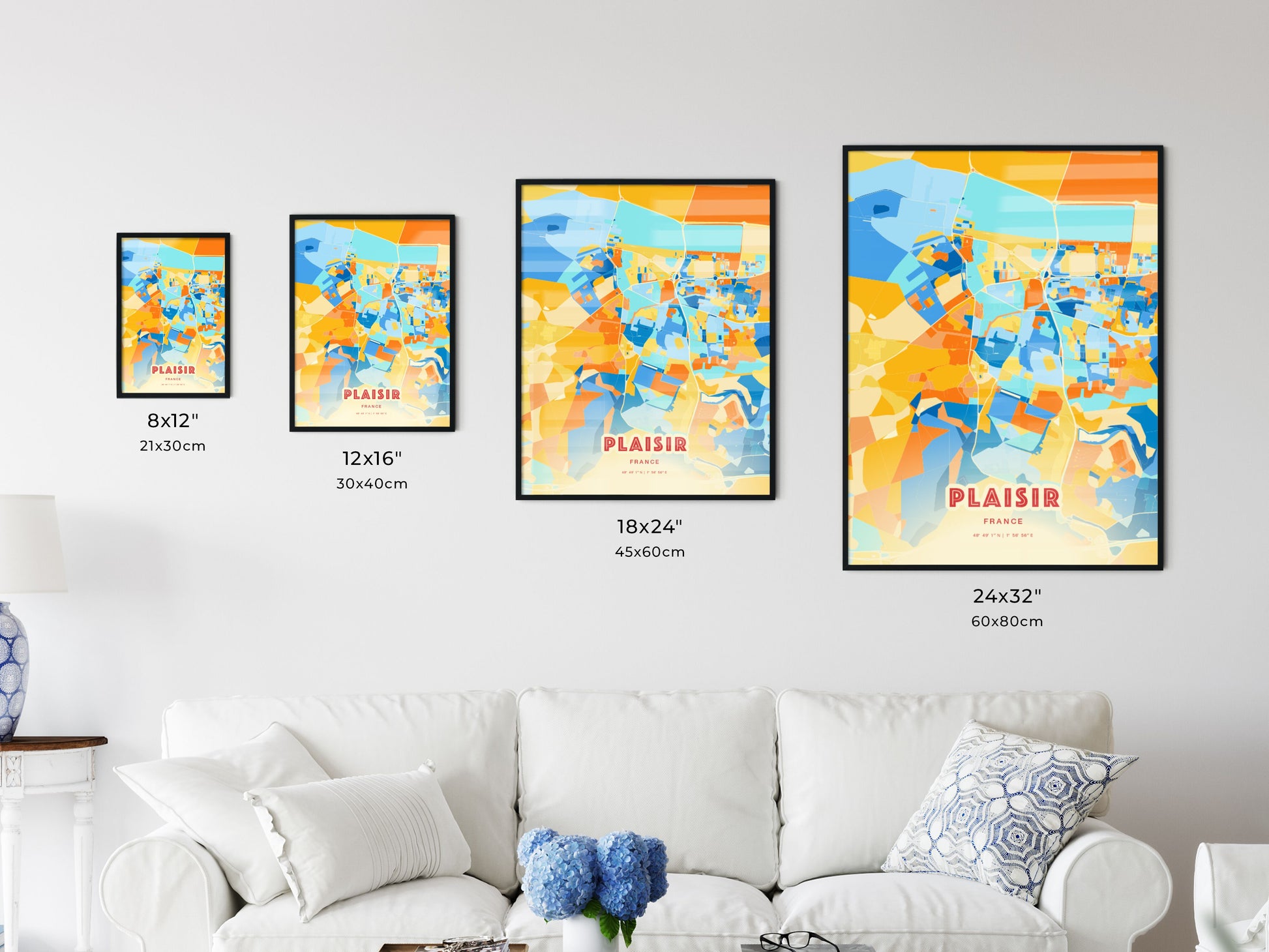 Colorful PLAISIR FRANCE Fine Art Map Blue Orange