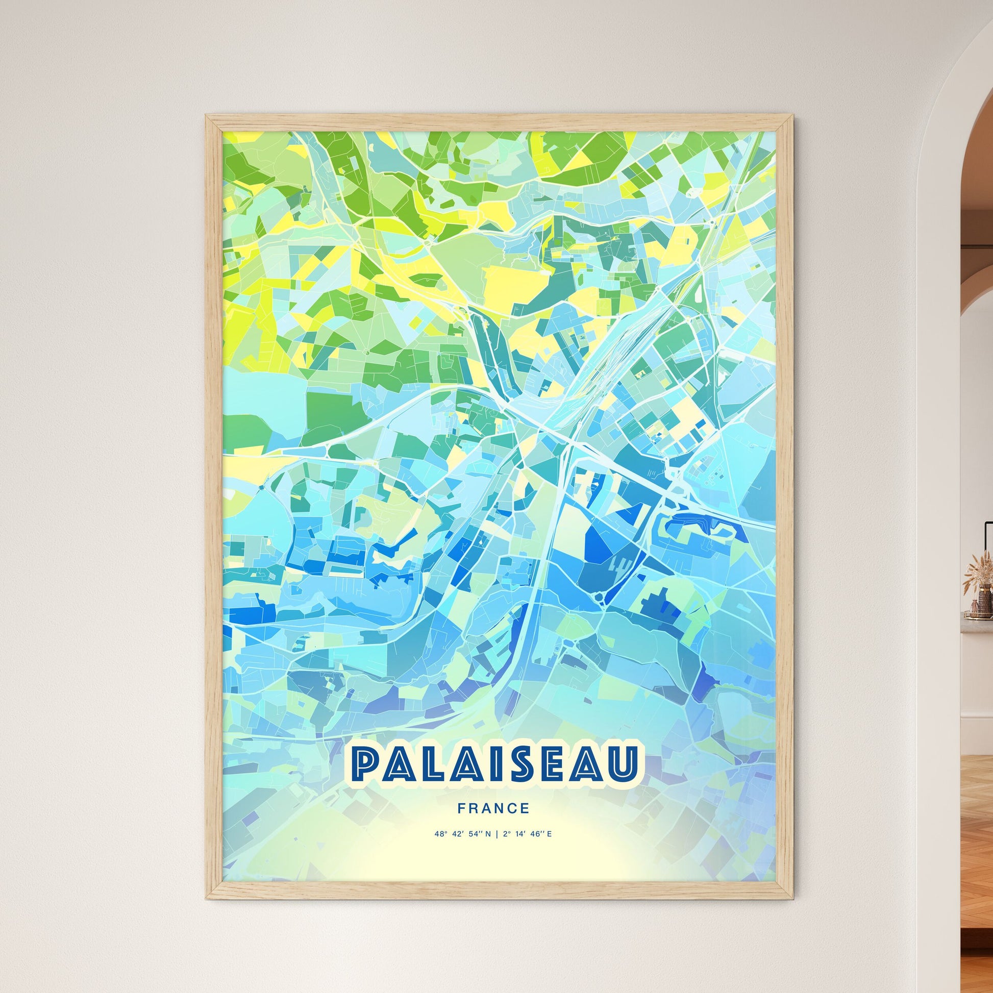 Colorful PALAISEAU FRANCE Fine Art Map Cool Blue