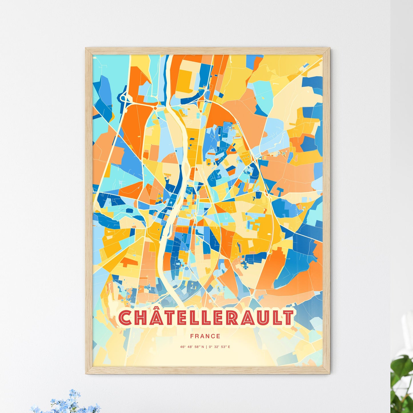 Colorful CHÂTELLERAULT FRANCE Fine Art Map Blue Orange