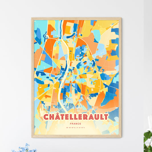 Colorful CHÂTELLERAULT FRANCE Fine Art Map Blue Orange