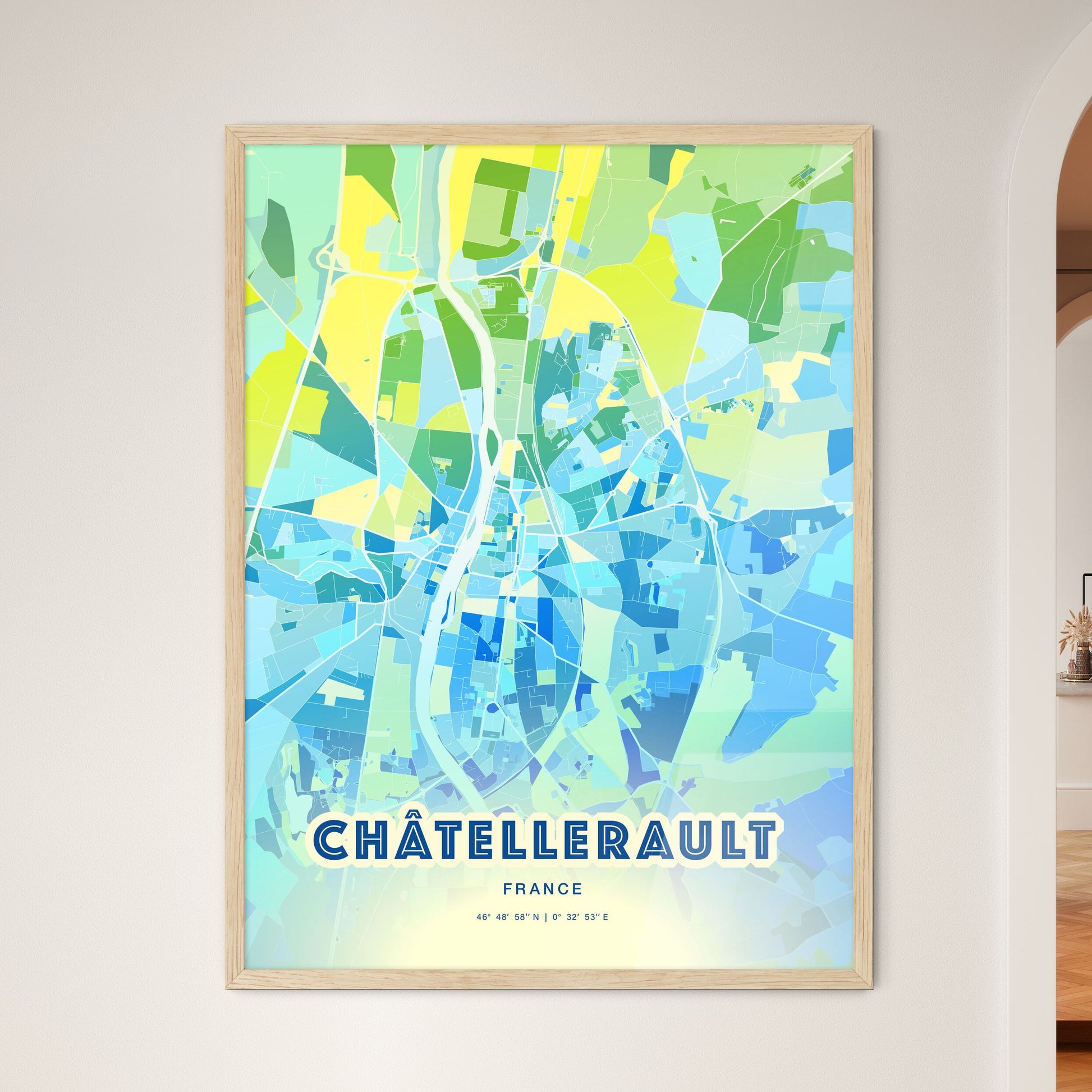 Colorful CHÂTELLERAULT FRANCE Fine Art Map Cool Blue