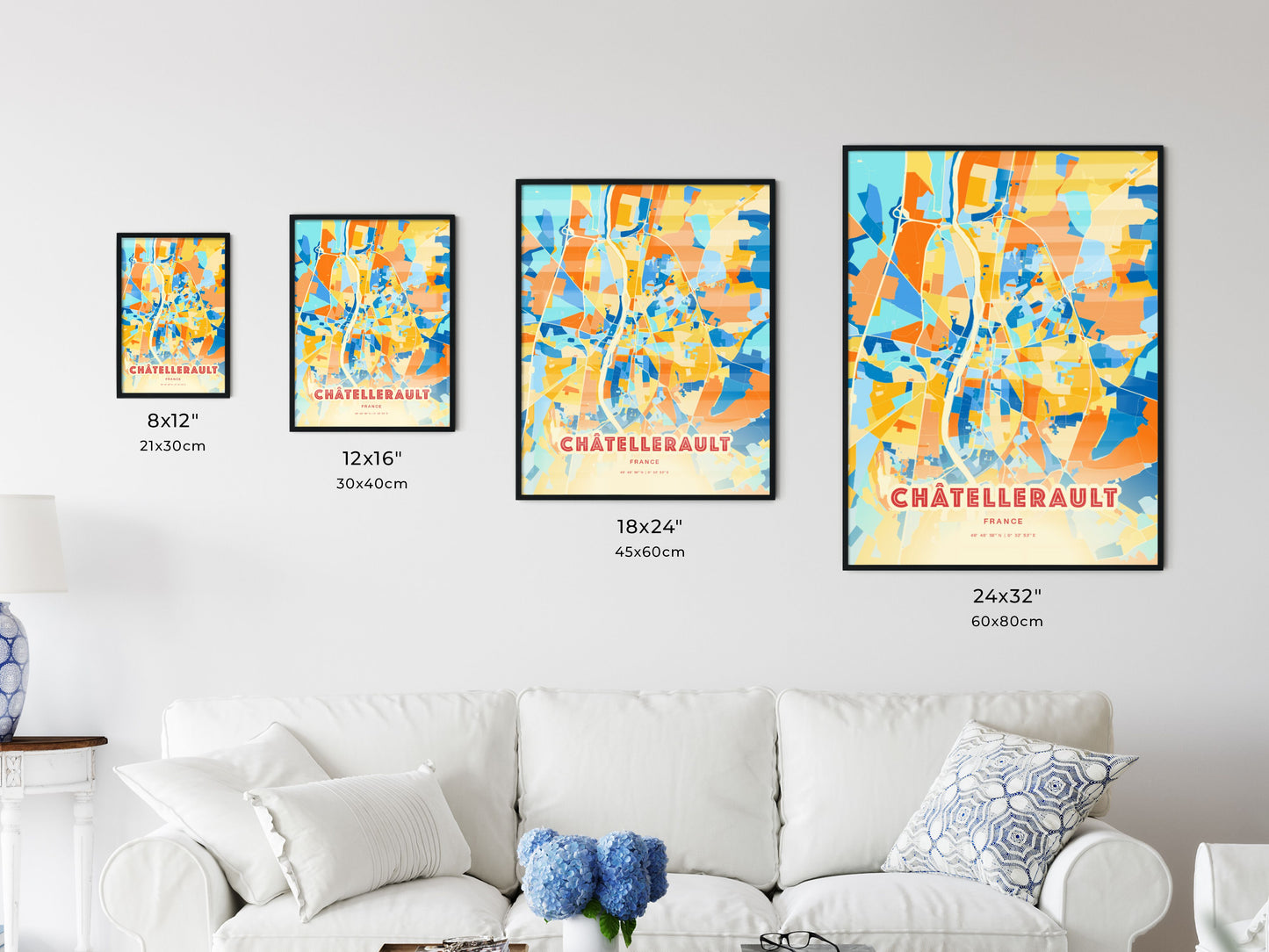 Colorful CHÂTELLERAULT FRANCE Fine Art Map Blue Orange