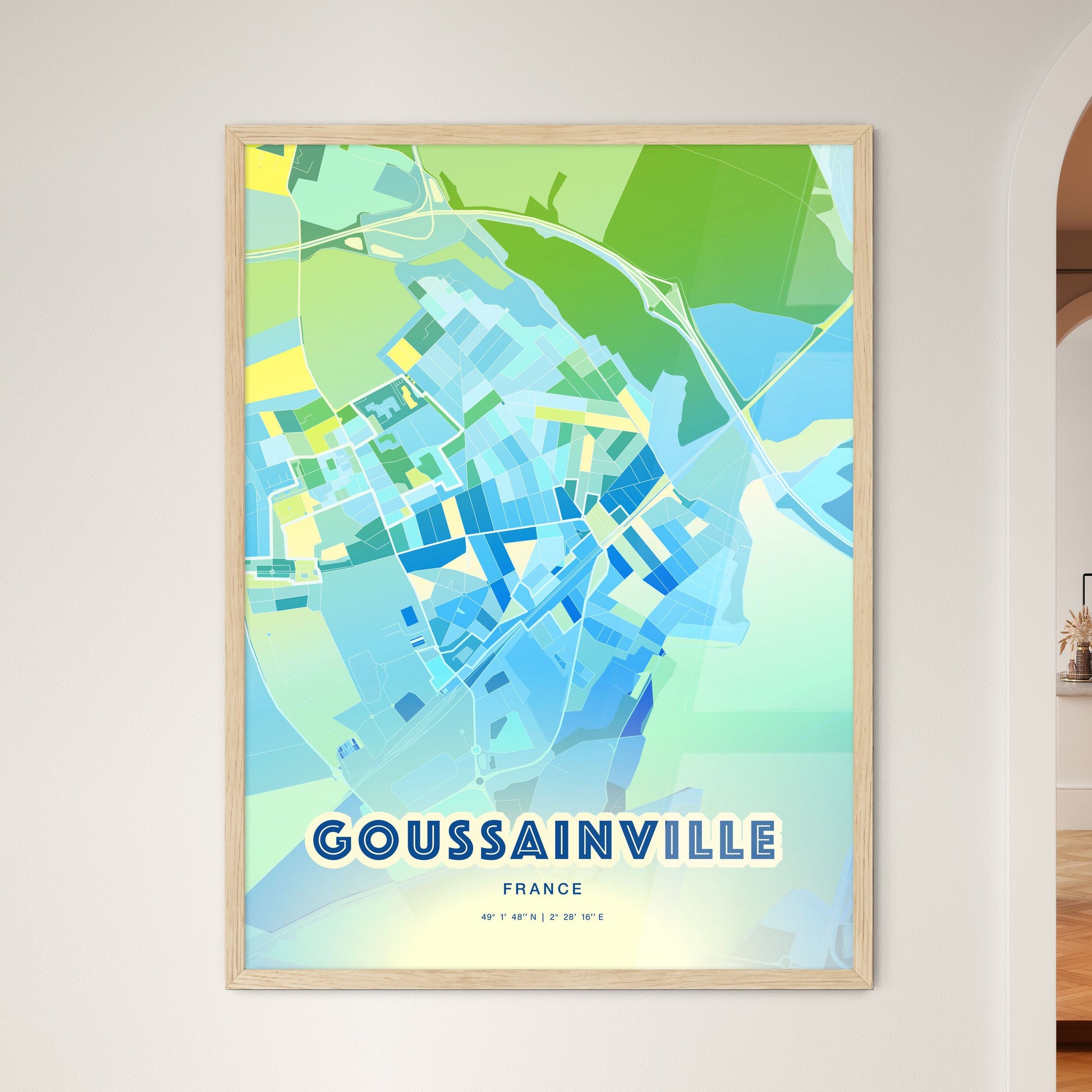 Colorful GOUSSAINVILLE FRANCE Fine Art Map Cool Blue