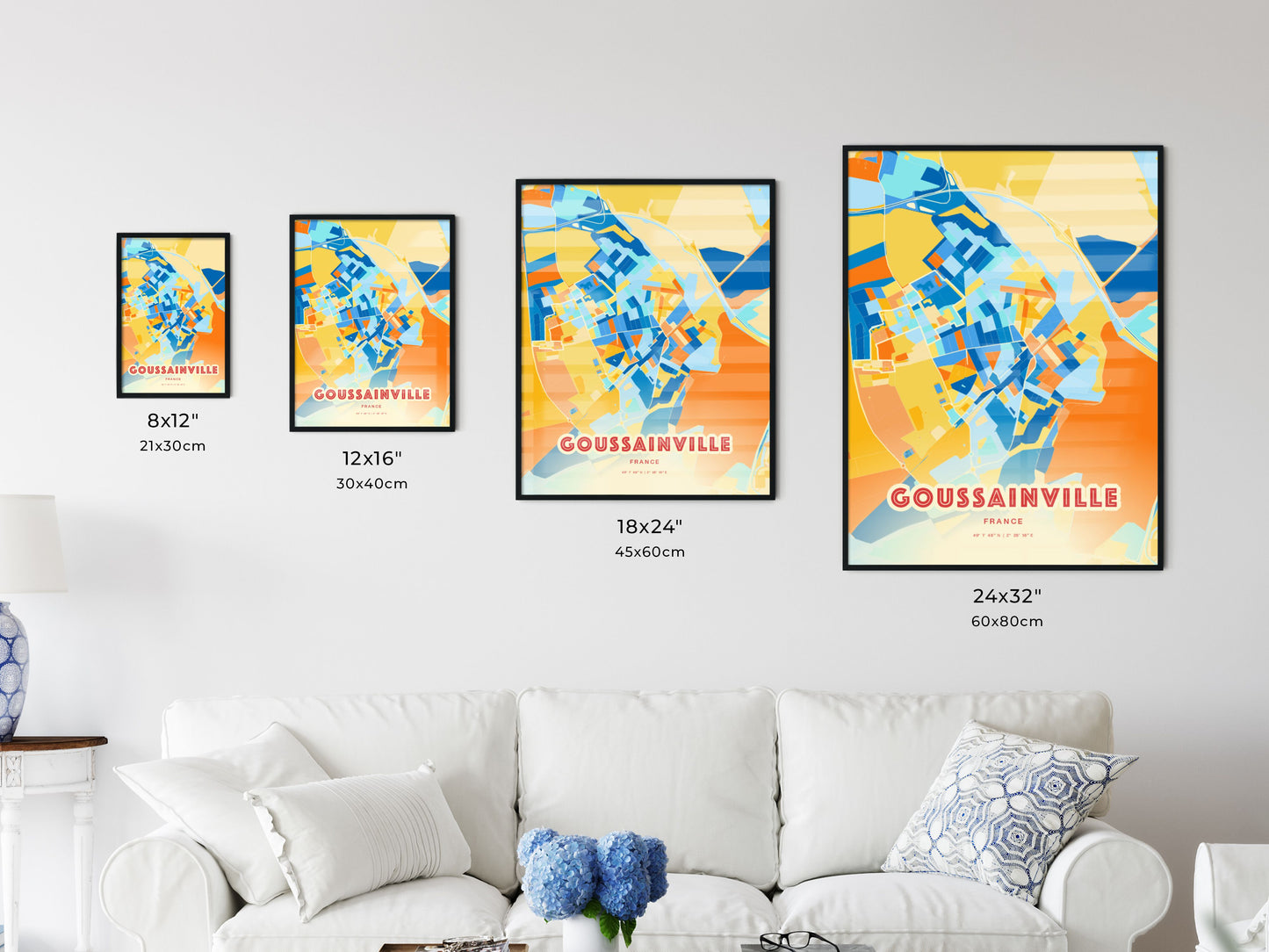 Colorful GOUSSAINVILLE FRANCE Fine Art Map Blue Orange