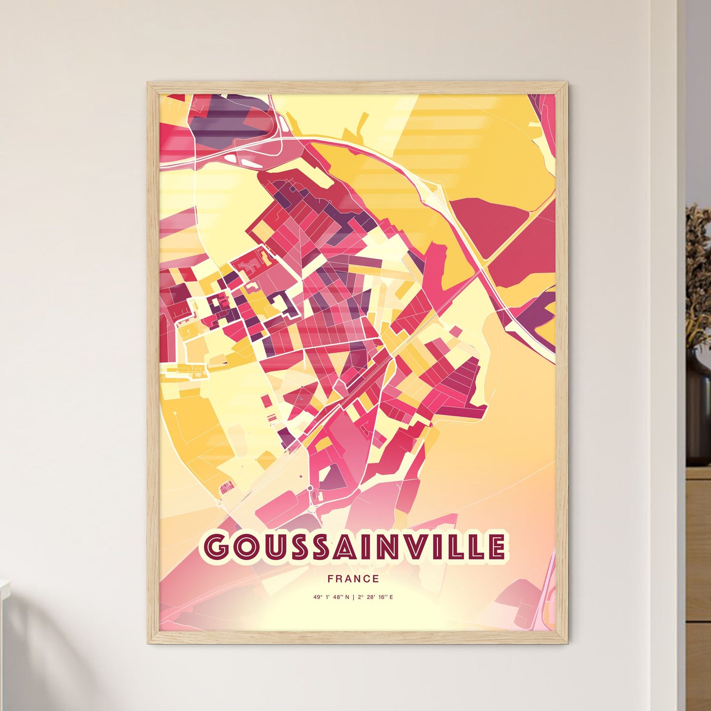 Colorful GOUSSAINVILLE FRANCE Fine Art Map Hot Red