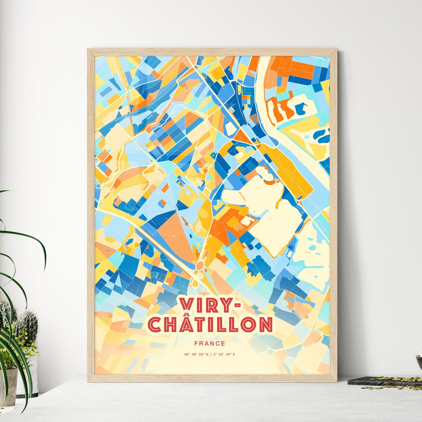 Colorful VIRY-CHÂTILLON FRANCE Fine Art Map Blue Orange