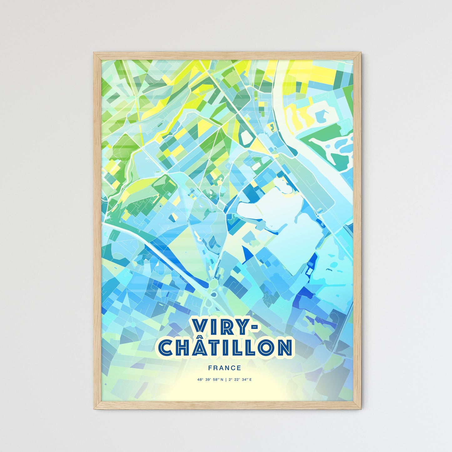 Colorful VIRY-CHÂTILLON FRANCE Fine Art Map Cool Blue