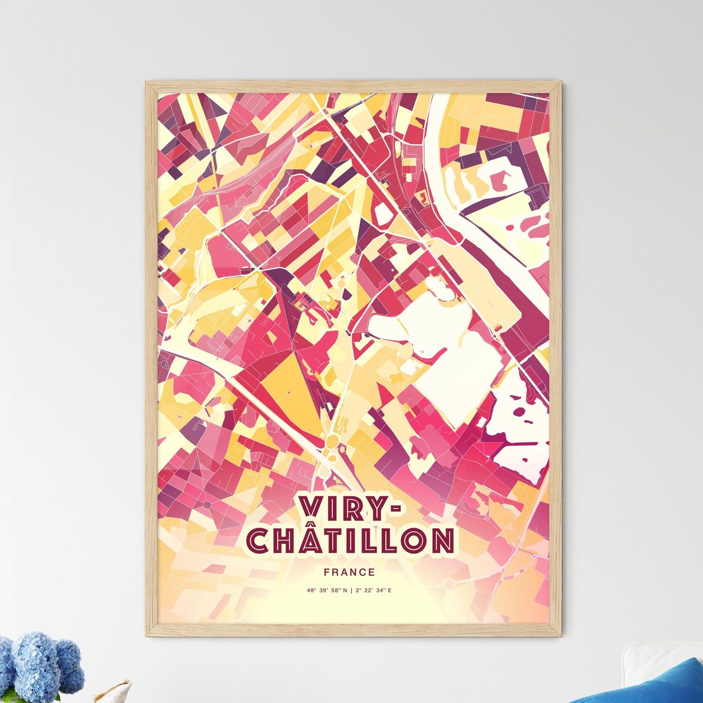 Colorful VIRY-CHÂTILLON FRANCE Fine Art Map Hot Red