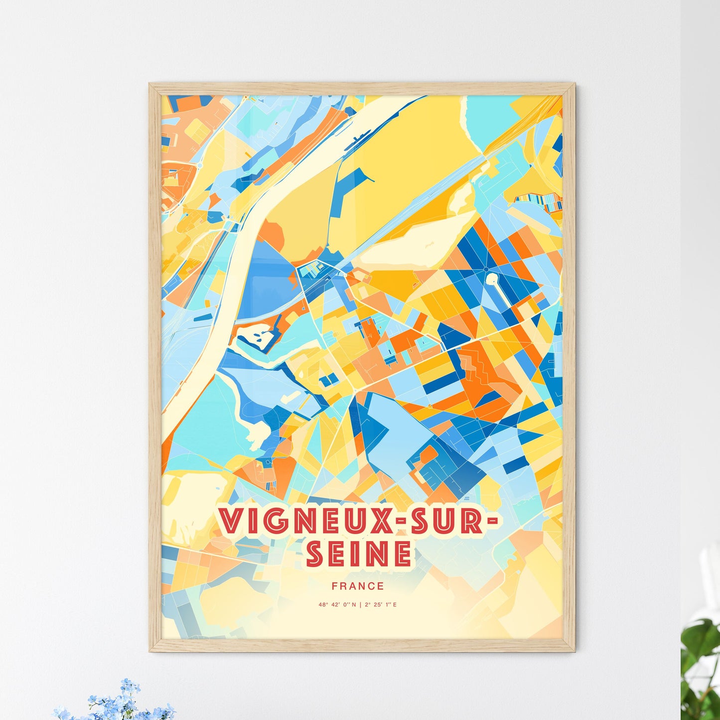 Colorful VIGNEUX-SUR-SEINE FRANCE Fine Art Map Blue Orange