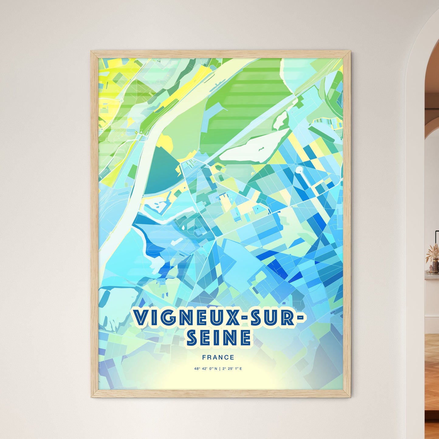 Colorful VIGNEUX-SUR-SEINE FRANCE Fine Art Map Cool Blue