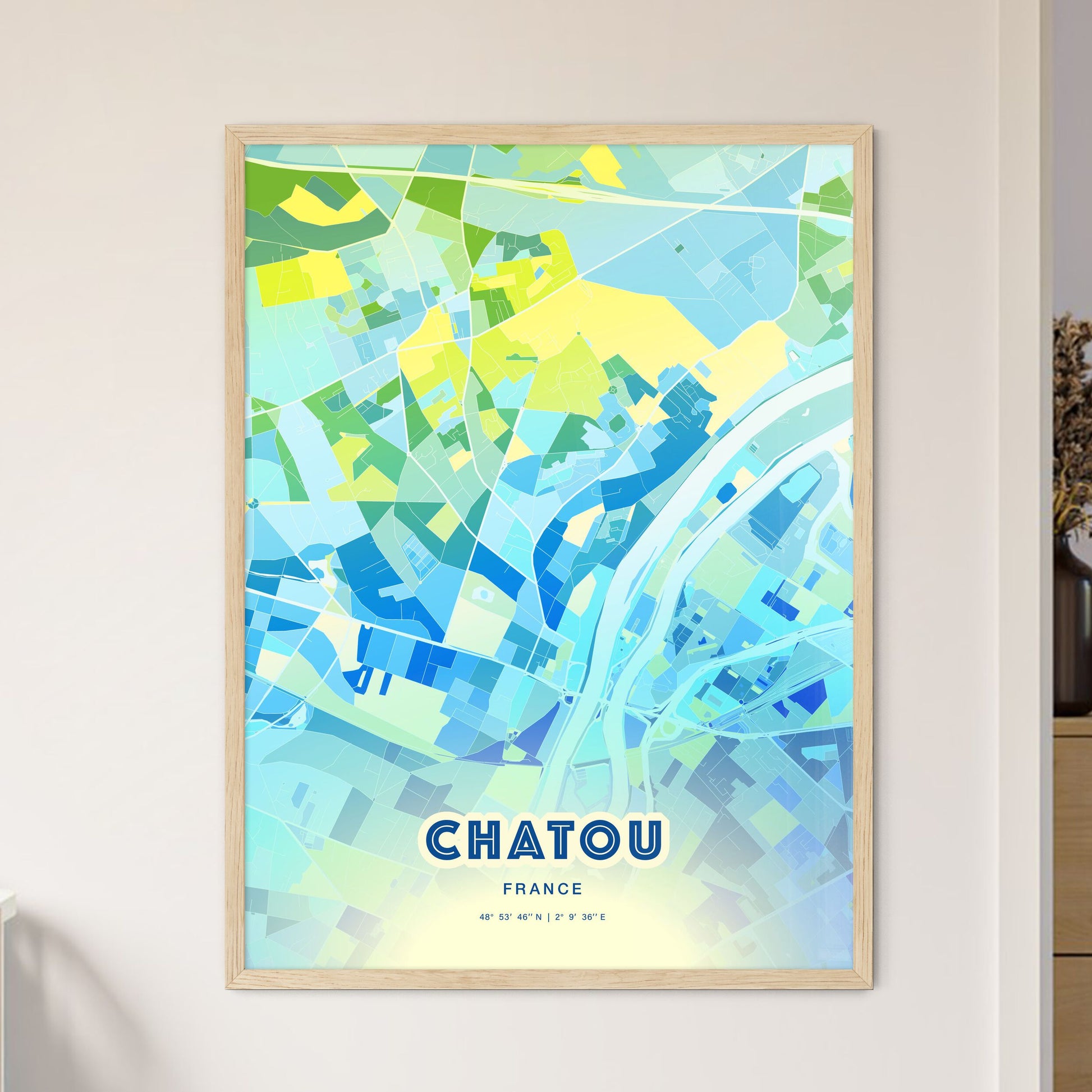 Colorful CHATOU FRANCE Fine Art Map Cool Blue