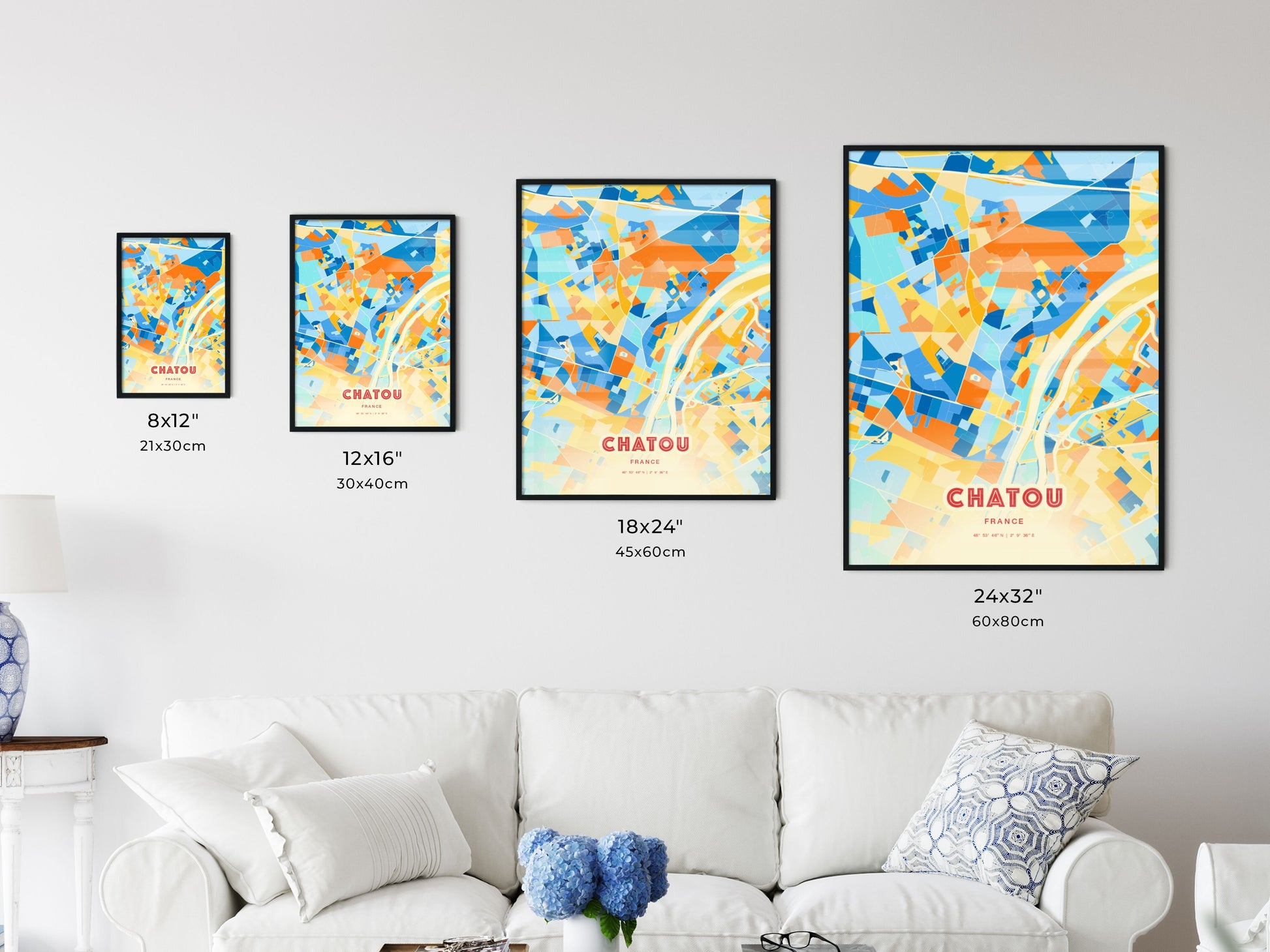 Colorful CHATOU FRANCE Fine Art Map Blue Orange