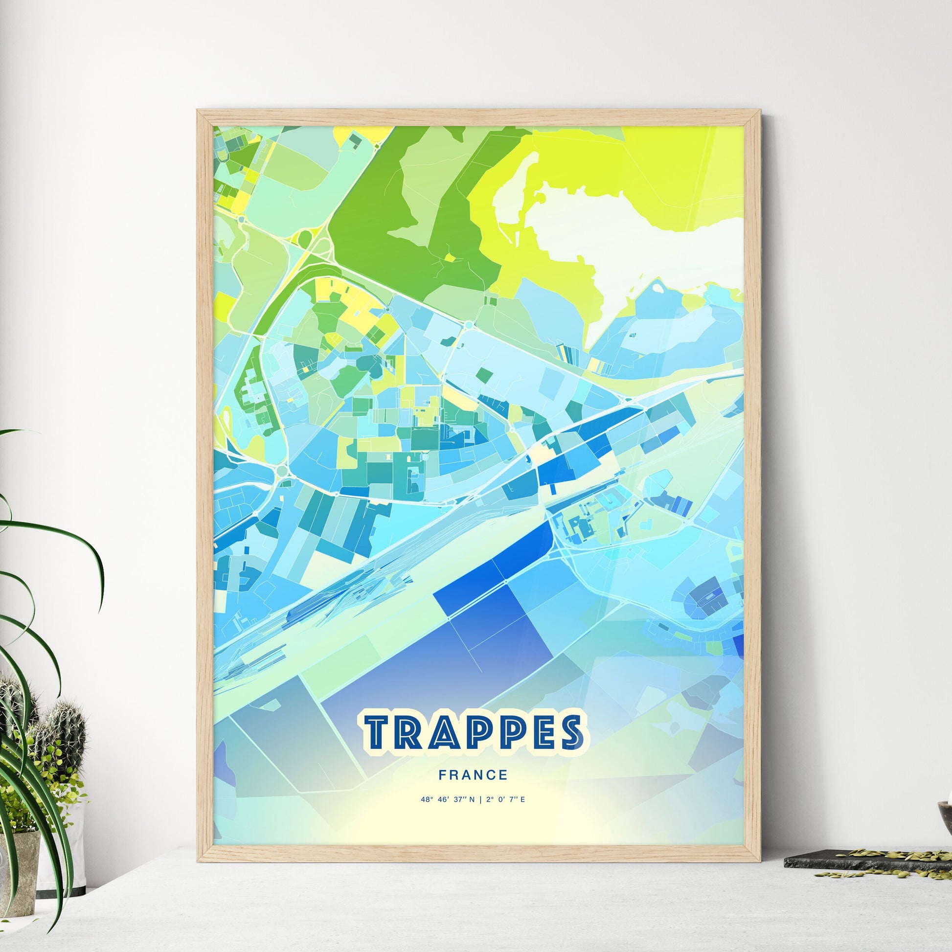 Colorful TRAPPES FRANCE Fine Art Map Cool Blue