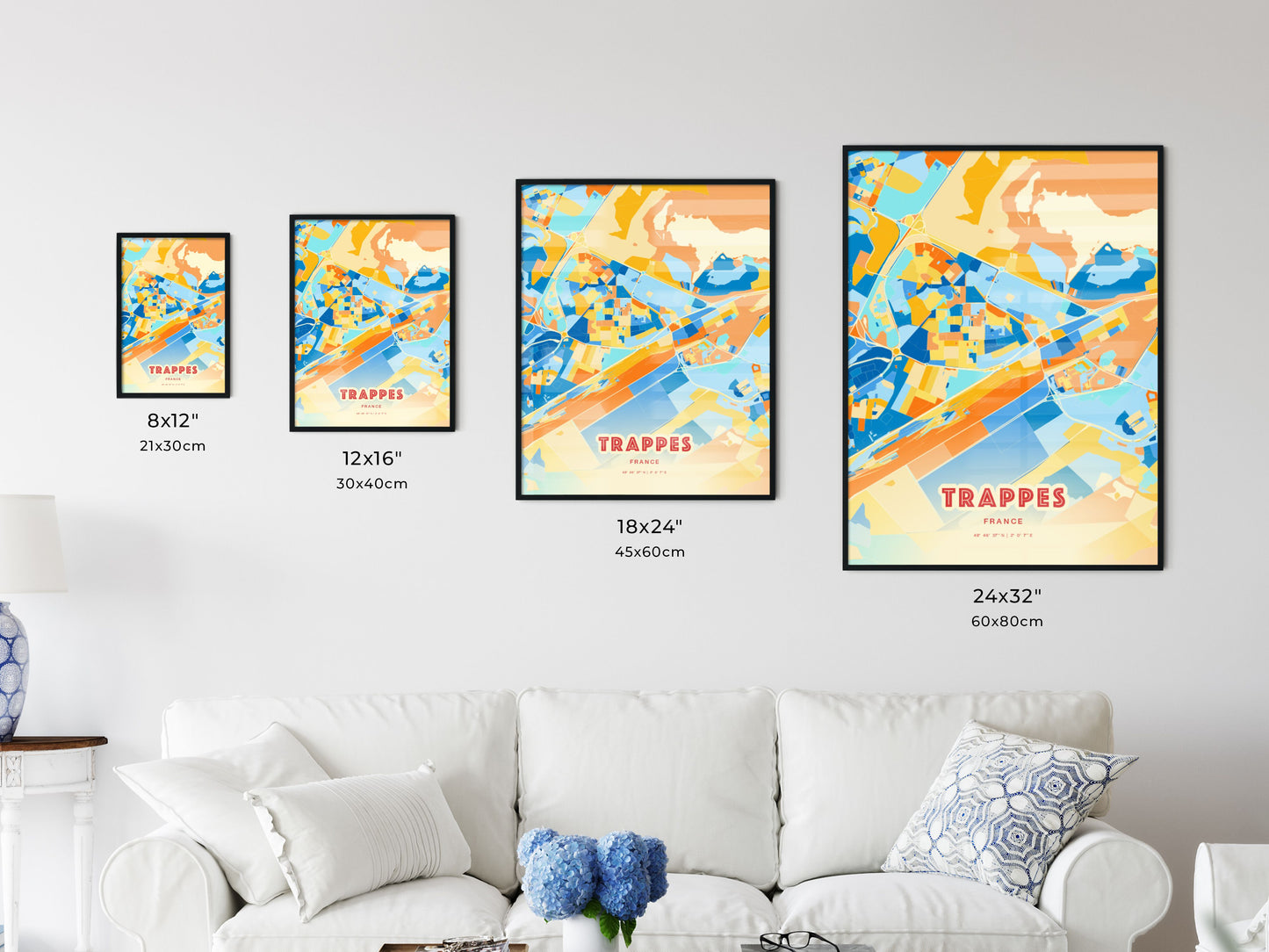 Colorful TRAPPES FRANCE Fine Art Map Blue Orange