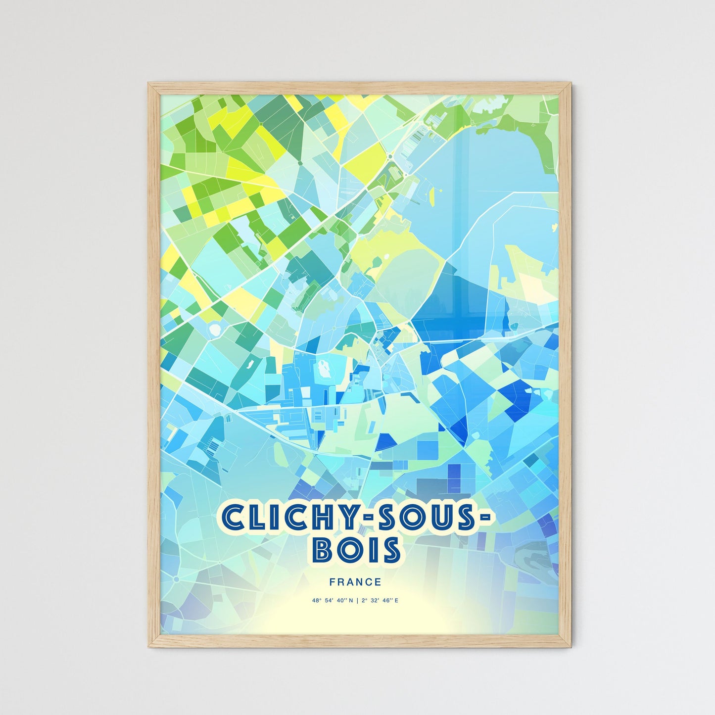 Colorful CLICHY-SOUS-BOIS FRANCE Fine Art Map Cool Blue