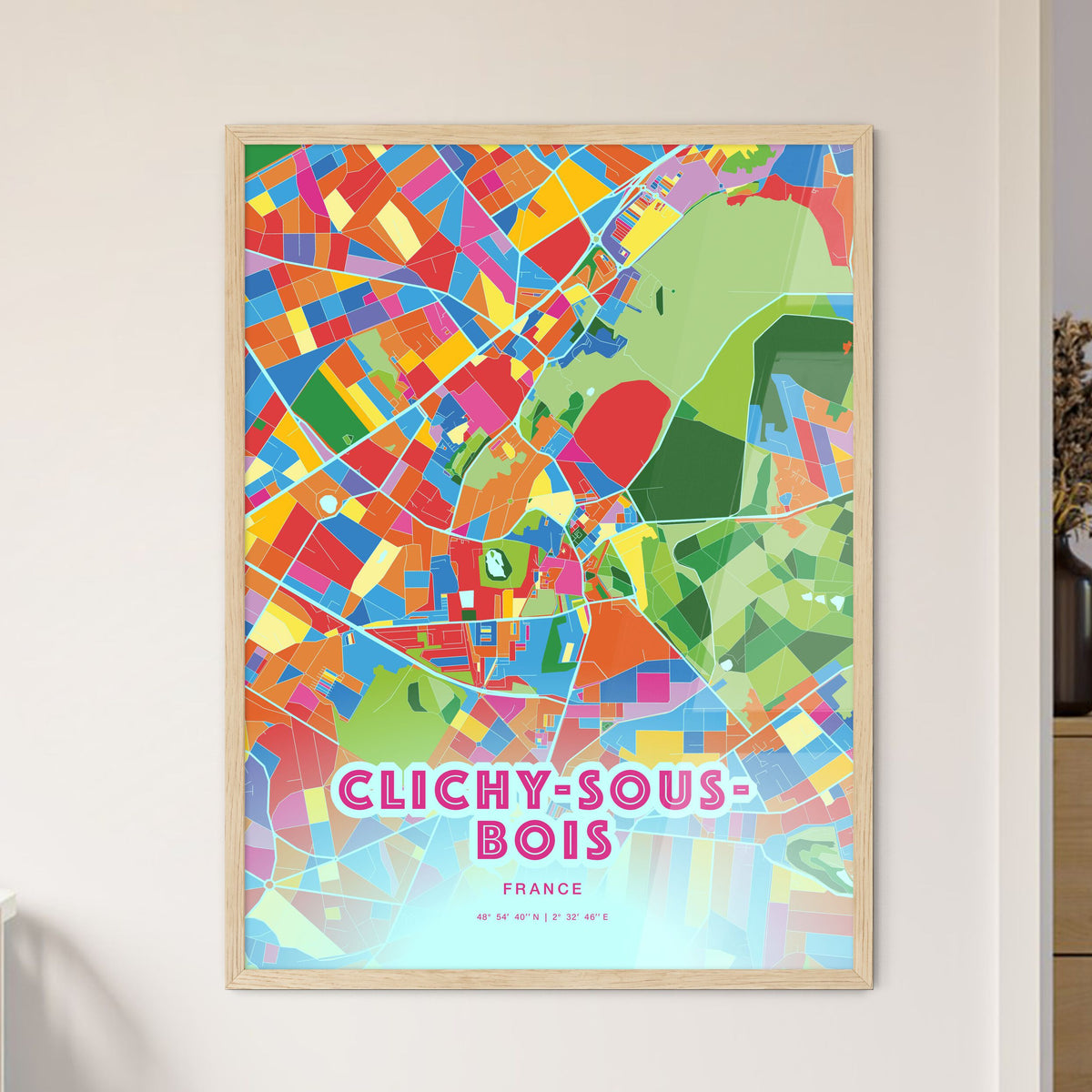 Colorful CLICHY-SOUS-BOIS FRANCE Fine Art Map Crazy Colors