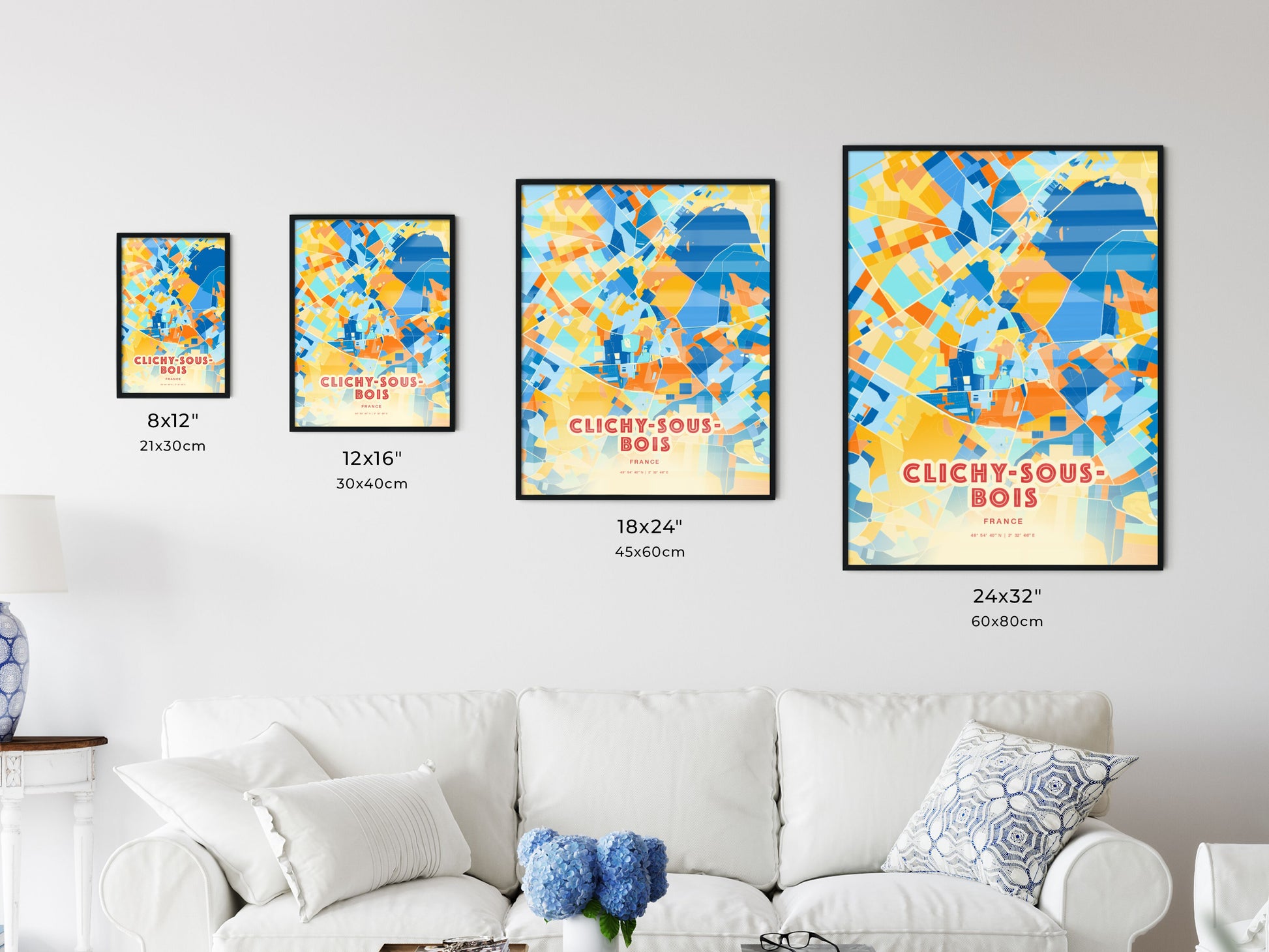 Colorful CLICHY-SOUS-BOIS FRANCE Fine Art Map Blue Orange