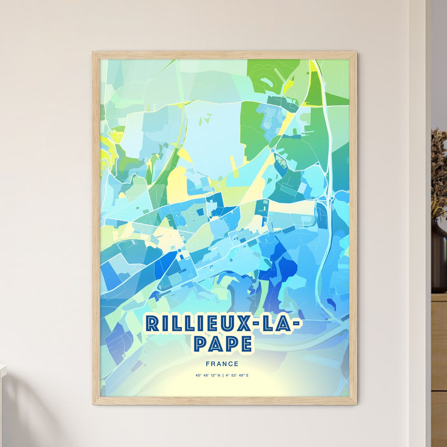 Colorful RILLIEUX-LA-PAPE FRANCE Fine Art Map Cool Blue